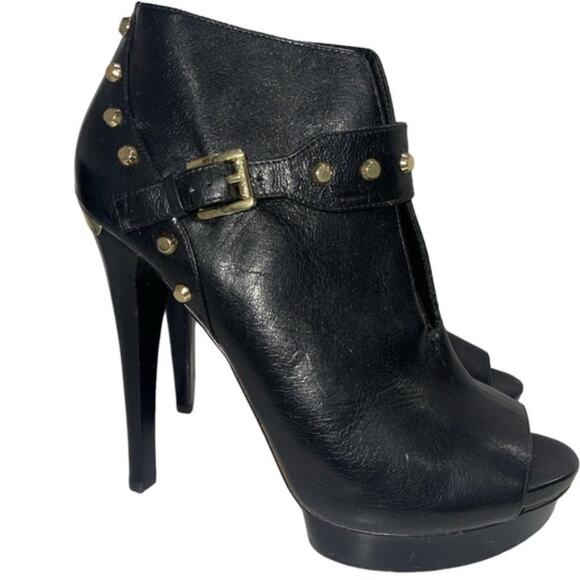 MICHAEL KORS Women's Black Leather Ailee Gold Studded Peeptoe Booties Sz 9.5 - Picture 6 of 10